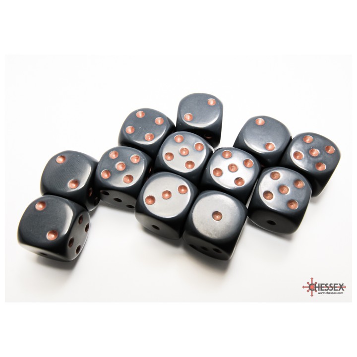 Chessex Opaque 16mm d6 with pips Dice Blocks (12 Dice) - Dark Grey w/copper