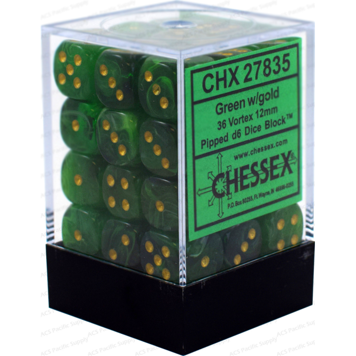 Chessex Signature 12mm d6 with pips Dice Blocks (36 Dice) - Vortex Green w/gold
